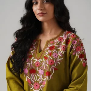 Malabis Lilduyuf Hand Embroidered Olive Green Phiran